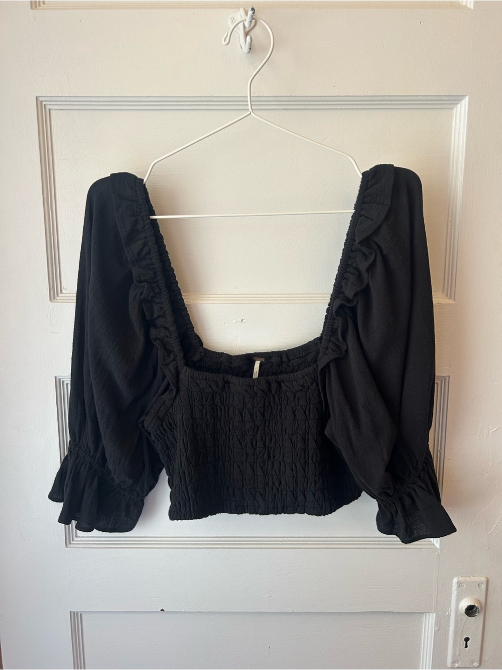 Free People Black Smocked Puff-Sleeve Women’s Top